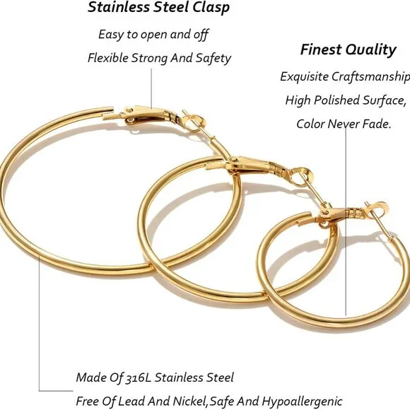 Stainless Steel gold silver Plated Hoop Earrings for Women, Hypoallergenic Hoops - Picture 3 of 6